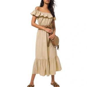 MICHAEL MICHAEL KORS Off The Shoulder Ruffled Midi Dress In Khaki Large NEW!!!